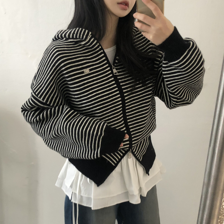 ストライプジップアップニットカーディガン BLACK