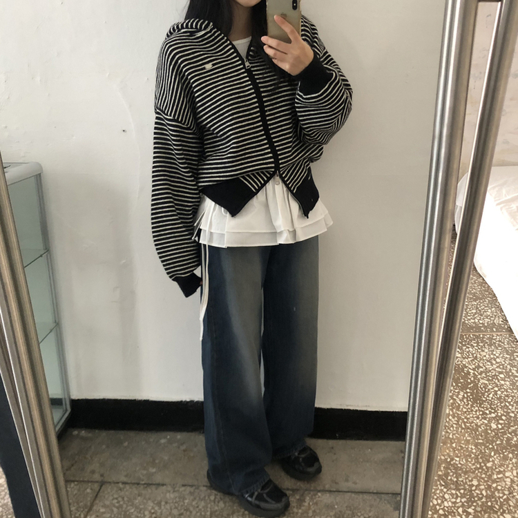 ストライプジップアップニットカーディガン BLACK