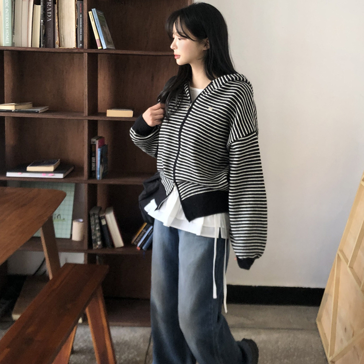 ストライプジップアップニットカーディガン BLACK