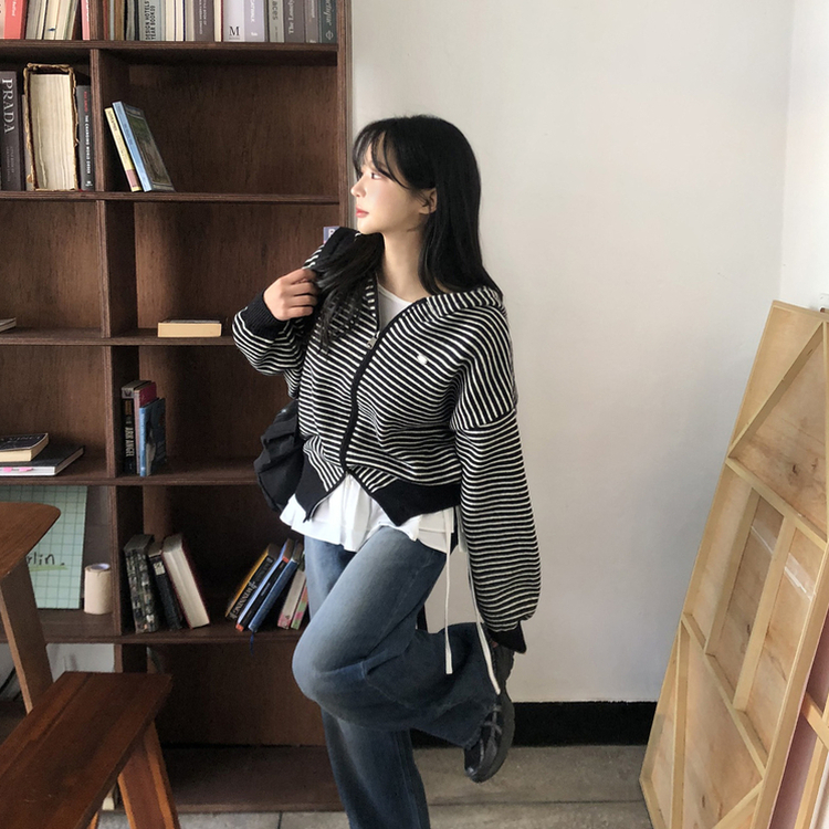 ストライプジップアップニットカーディガン BLACK