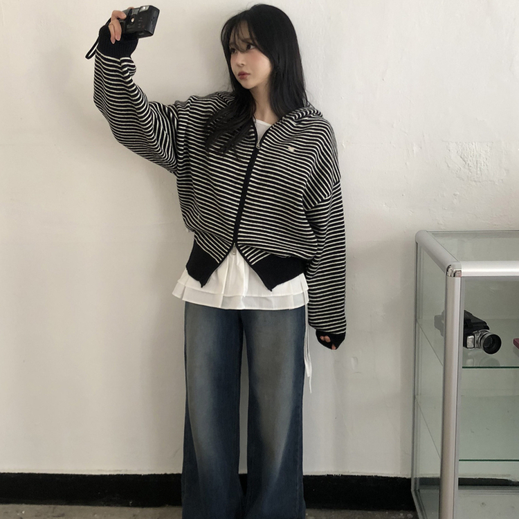 ストライプジップアップニットカーディガン BLACK