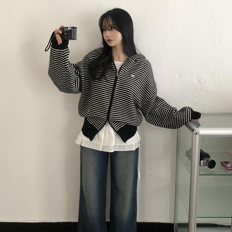 ストライプジップアップニットカーディガン BLACK