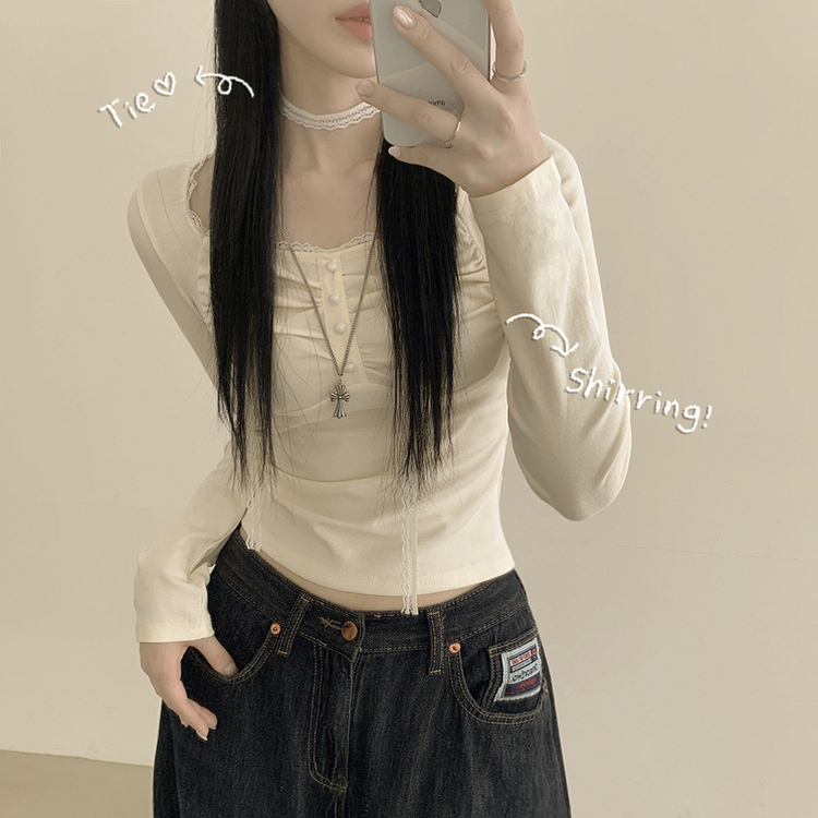 【タイ付き】レースフリルクロップ長袖Tシャツ IVORY