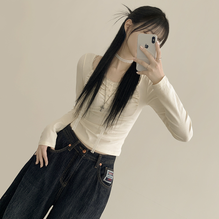 【タイ付き】レースフリルクロップ長袖Tシャツ IVORY