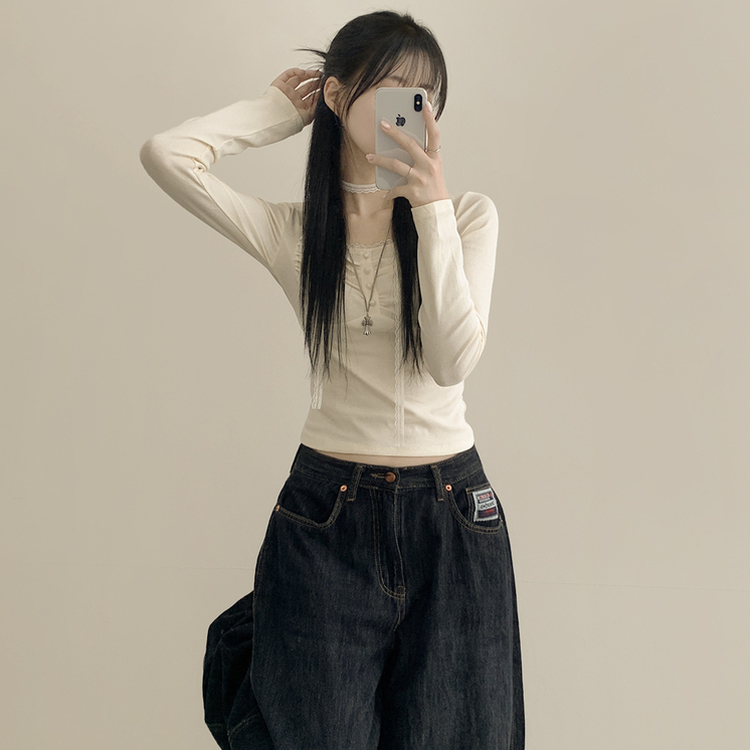 【タイ付き】レースフリルクロップ長袖Tシャツ IVORY