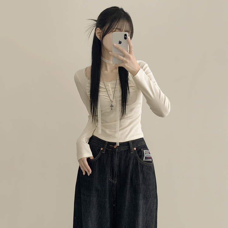 【タイ付き】レースフリルクロップ長袖Tシャツ IVORY