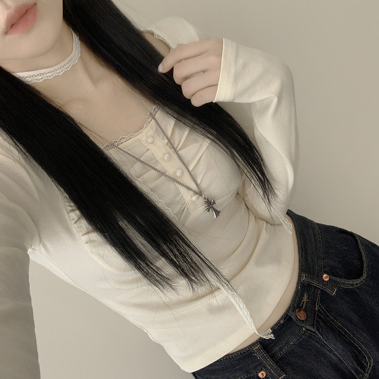 【タイ付き】レースフリルクロップ長袖Tシャツ IVORY