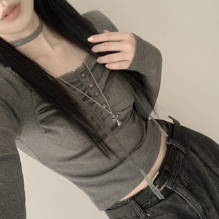【タイ付き】レースフリルクロップ長袖Tシャツ CHARCOAL