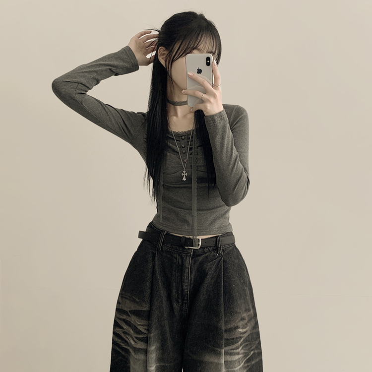 【タイ付き】レースフリルクロップ長袖Tシャツ CHARCOAL