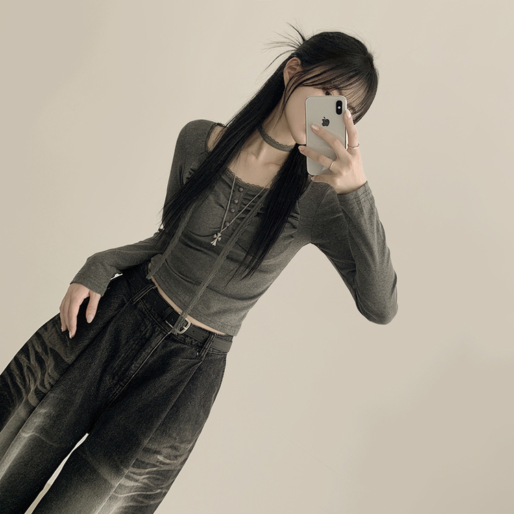 【タイ付き】レースフリルクロップ長袖Tシャツ CHARCOAL