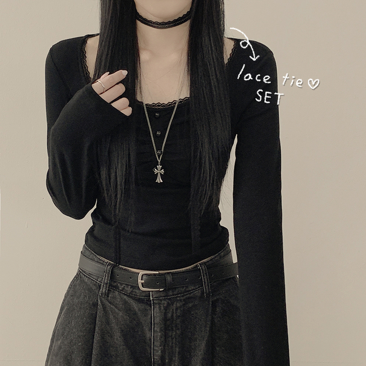 【タイ付き】レースフリルクロップ長袖Tシャツ BLACK