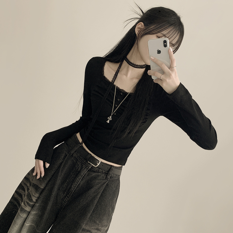 【タイ付き】レースフリルクロップ長袖Tシャツ BLACK
