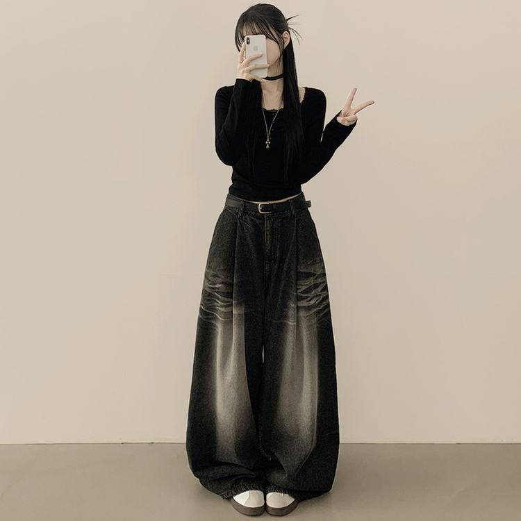 【タイ付き】レースフリルクロップ長袖Tシャツ BLACK