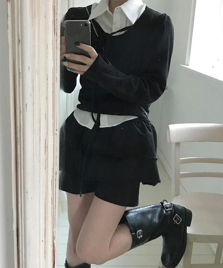 レイヤードリボン長袖Ｔシャツ BLACK