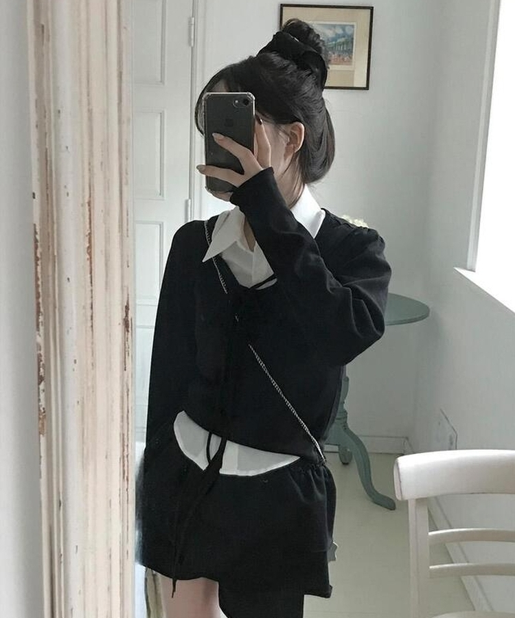レイヤードリボン長袖Ｔシャツ BLACK