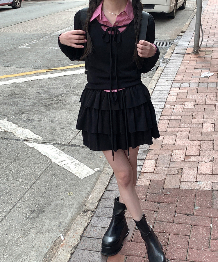 レイヤードリボン長袖Ｔシャツ BLACK