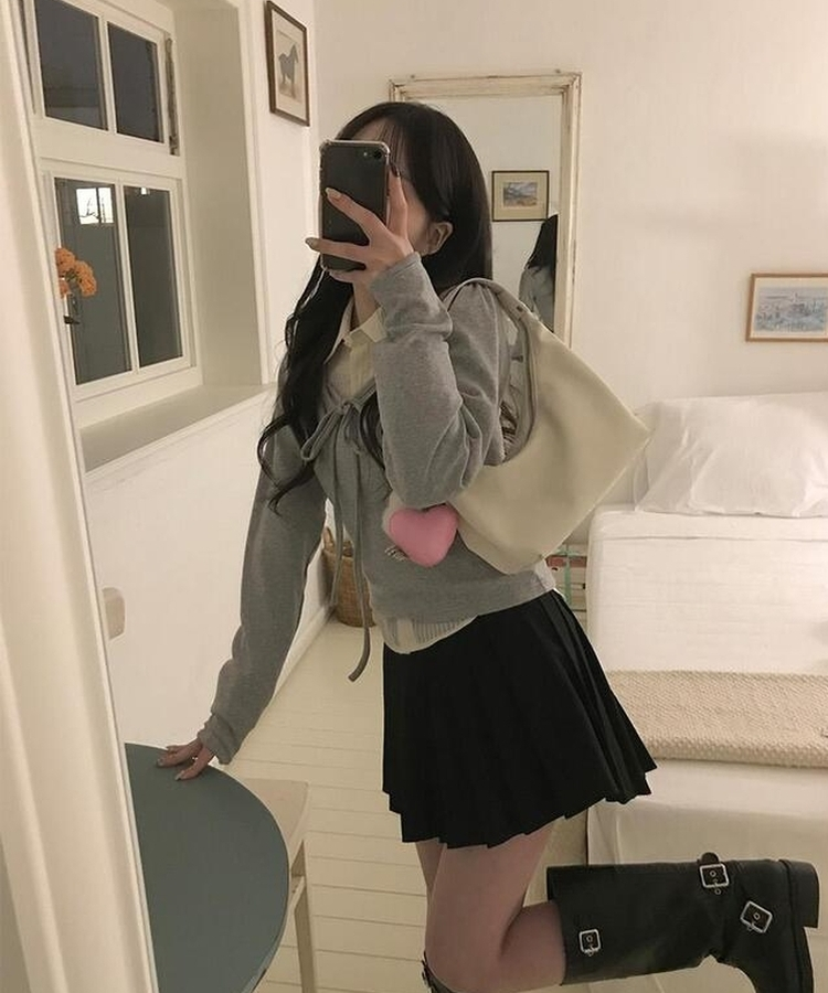 レイヤードリボン長袖Ｔシャツ GREY