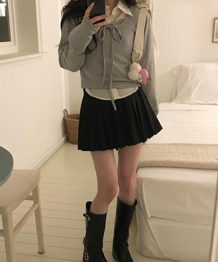 レイヤードリボン長袖Ｔシャツ GREY
