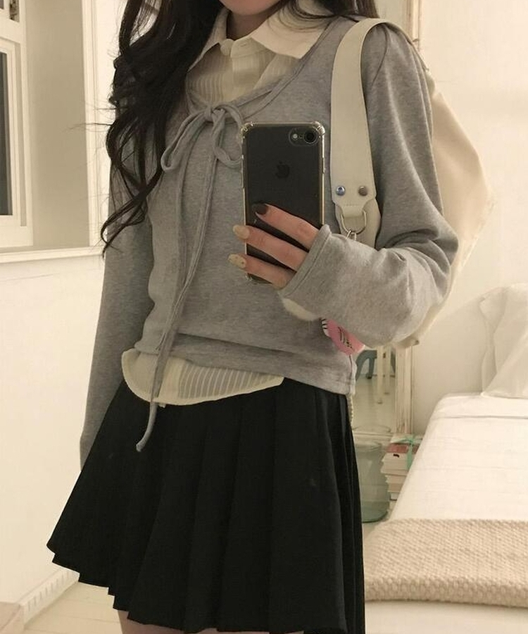 レイヤードリボン長袖Ｔシャツ GREY