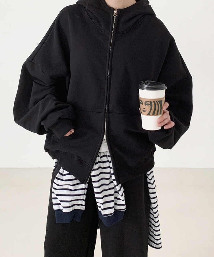 ハイネックフードジップアップ BLACK