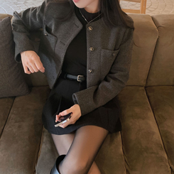 백화점 퀄리티 트위드 노카라 라운드 금장 하객 크롭 자켓 차콜