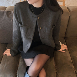 백화점 퀄리티 트위드 노카라 라운드 금장 하객 크롭 자켓 차콜