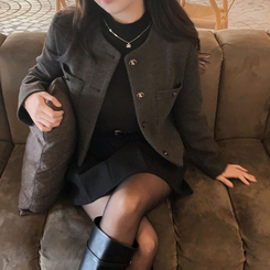 백화점 퀄리티 트위드 노카라 라운드 금장 하객 크롭 자켓 차콜