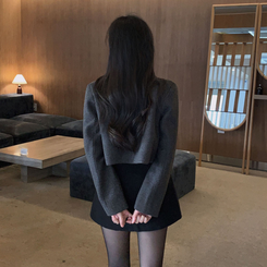 백화점 퀄리티 트위드 노카라 라운드 금장 하객 크롭 자켓 차콜