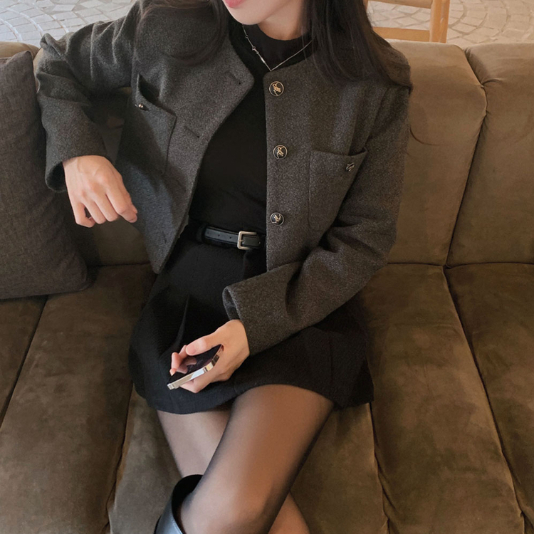 백화점 퀄리티 트위드 노카라 라운드 금장 하객 크롭 자켓 차콜
