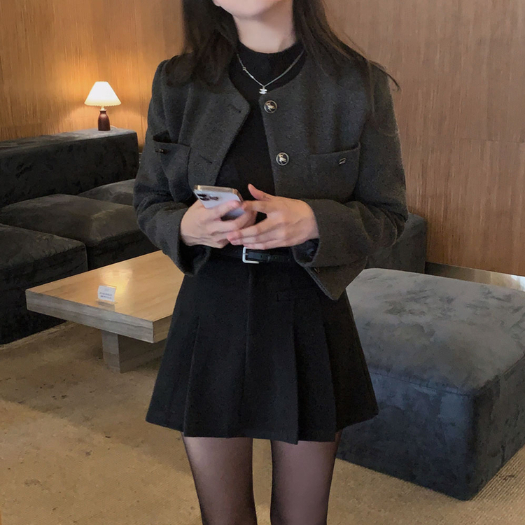 백화점 퀄리티 트위드 노카라 라운드 금장 하객 크롭 자켓 차콜