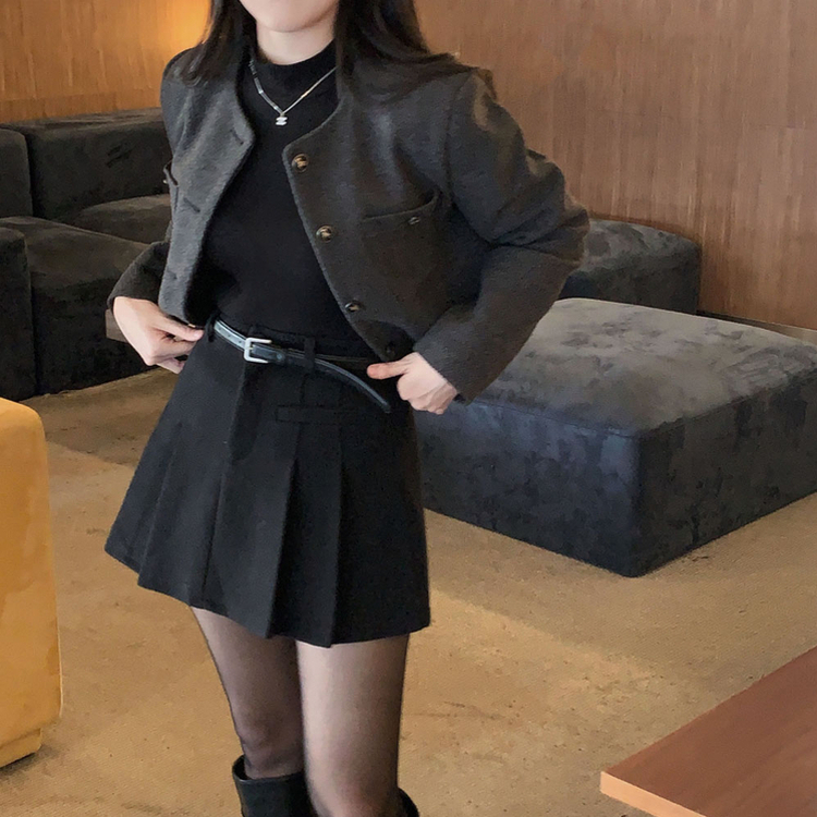 백화점 퀄리티 트위드 노카라 라운드 금장 하객 크롭 자켓 차콜