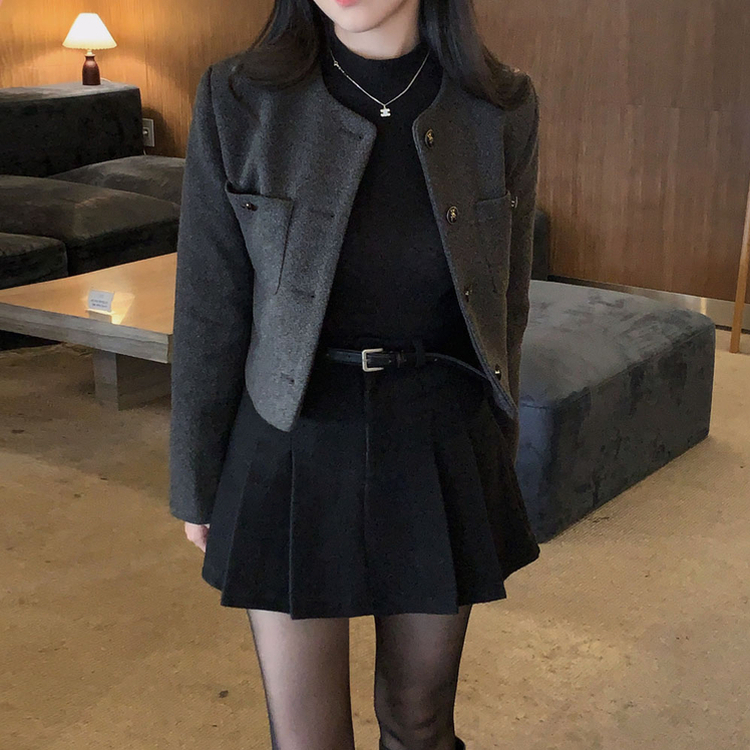 백화점 퀄리티 트위드 노카라 라운드 금장 하객 크롭 자켓 차콜