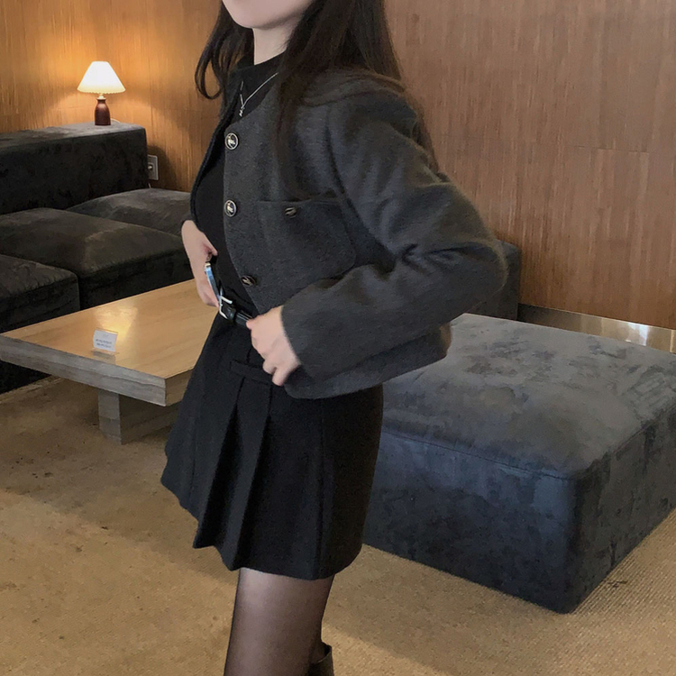 백화점 퀄리티 트위드 노카라 라운드 금장 하객 크롭 자켓 차콜