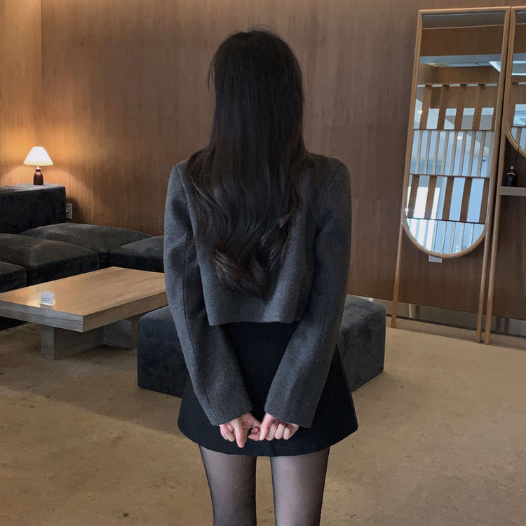 백화점 퀄리티 트위드 노카라 라운드 금장 하객 크롭 자켓 차콜