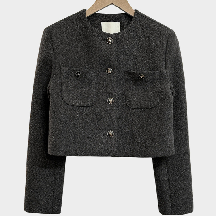 백화점 퀄리티 트위드 노카라 라운드 금장 하객 크롭 자켓