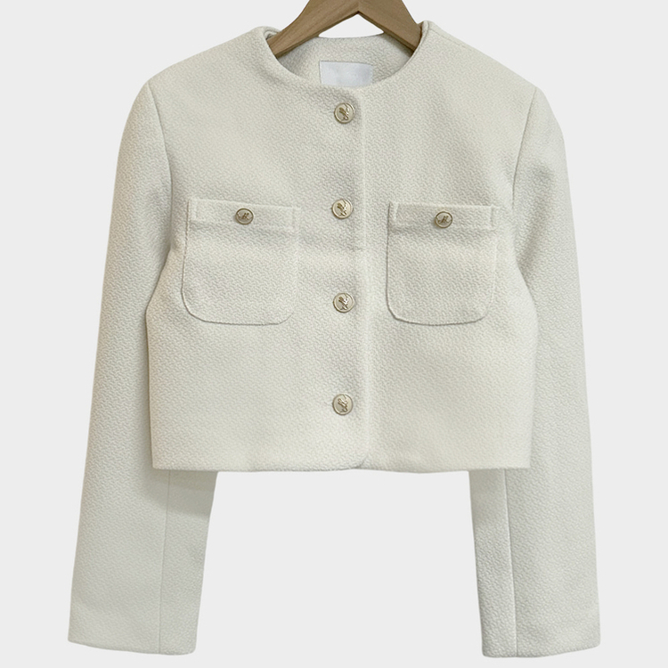 백화점 퀄리티 트위드 노카라 라운드 금장 하객 크롭 자켓