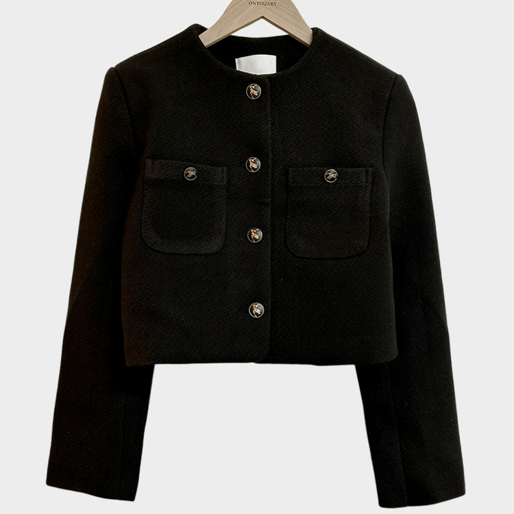 백화점 퀄리티 트위드 노카라 라운드 금장 하객 크롭 자켓