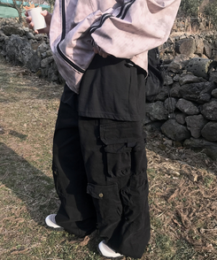 コットンパンツ グリットワイドカーゴパンツ BLACK