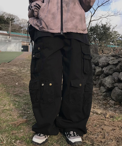 コットンパンツ グリットワイドカーゴパンツ BLACK