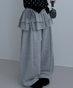 국내제작면프릴2단캉캉레이어드랩스커트 그레이