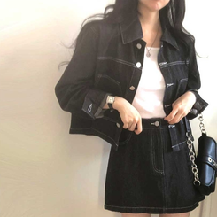 【SET】ダステッチジャケット デニムスカート BLACK