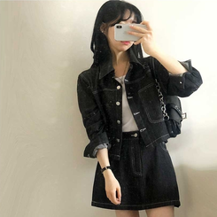 【SET】ダステッチジャケット デニムスカート BLACK