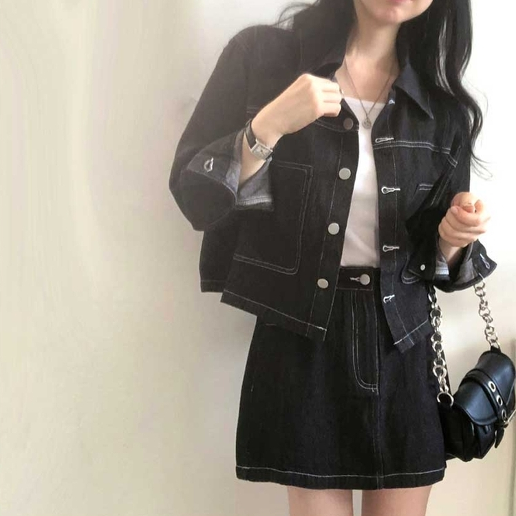 【SET】ダステッチジャケット デニムスカート BLACK