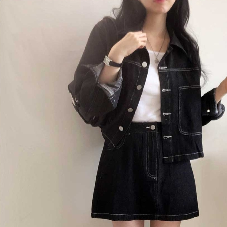 【SET】ダステッチジャケット デニムスカート BLACK