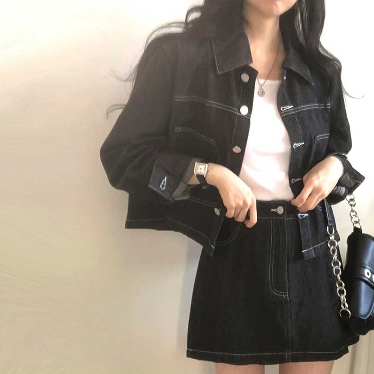 【SET】ダステッチジャケット デニムスカート BLACK