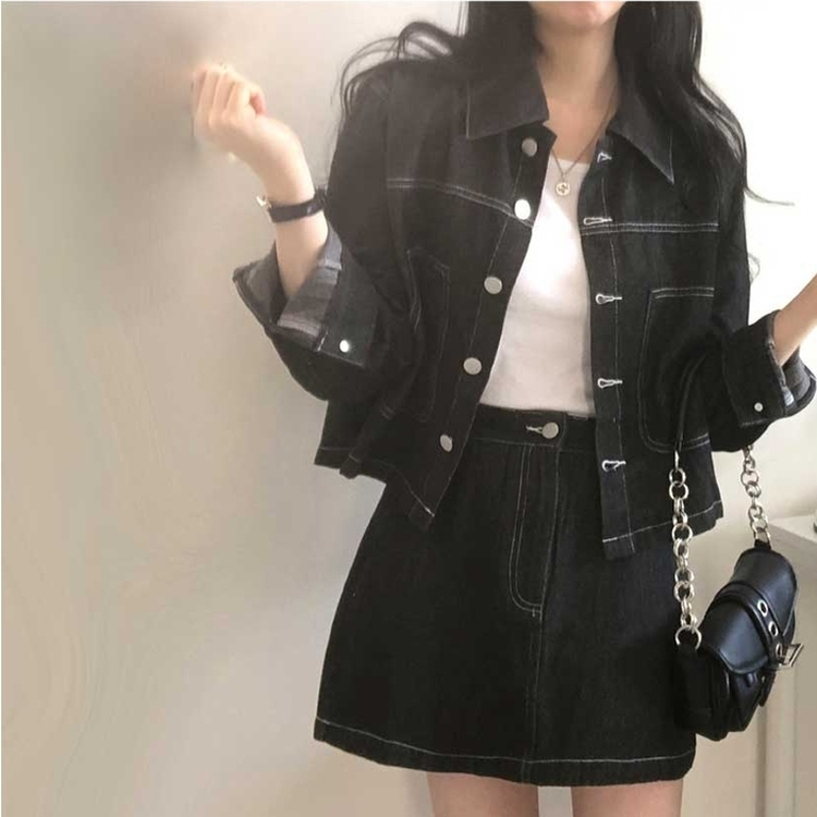 【SET】ダステッチジャケット デニムスカート BLACK