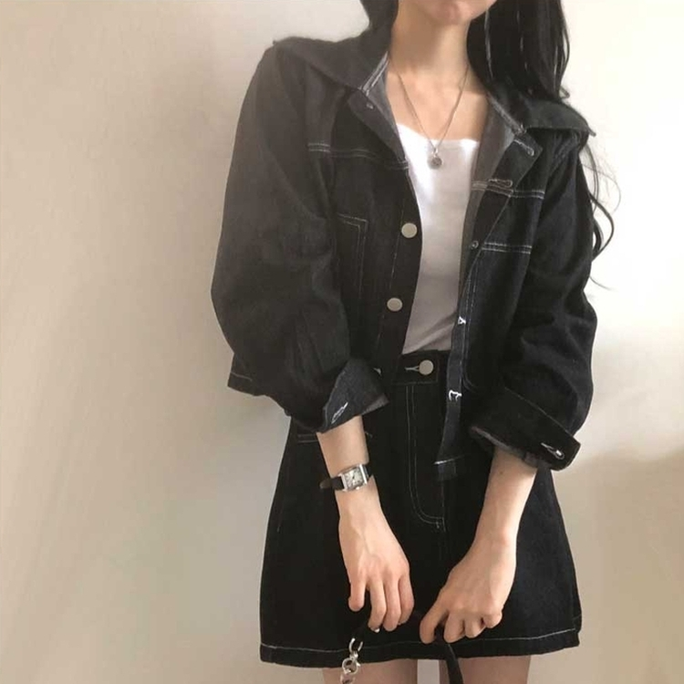 【SET】ダステッチジャケット デニムスカート BLACK