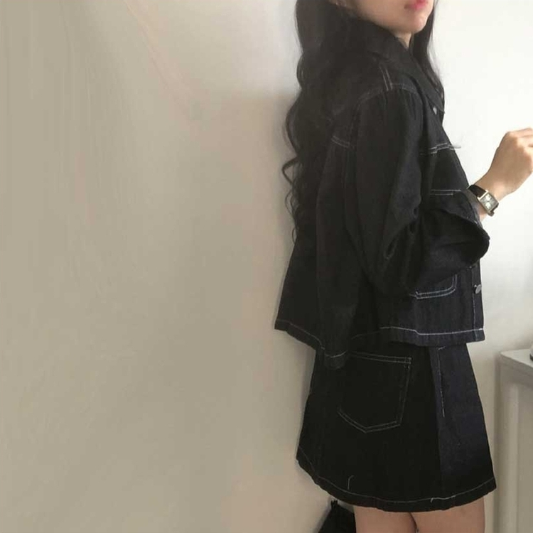【SET】ダステッチジャケット デニムスカート BLACK