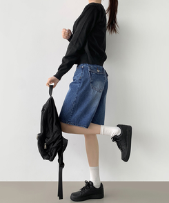 ショートパンツ 5分丈バックポケットデニムショートパンツ BLUE