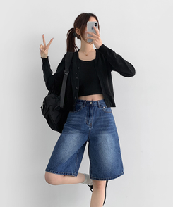 ショートパンツ 5分丈バックポケットデニムショートパンツ BLUE